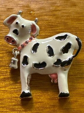 Whimsical White & Black Cow Enamel Accent Pin with Pink Details and little bell